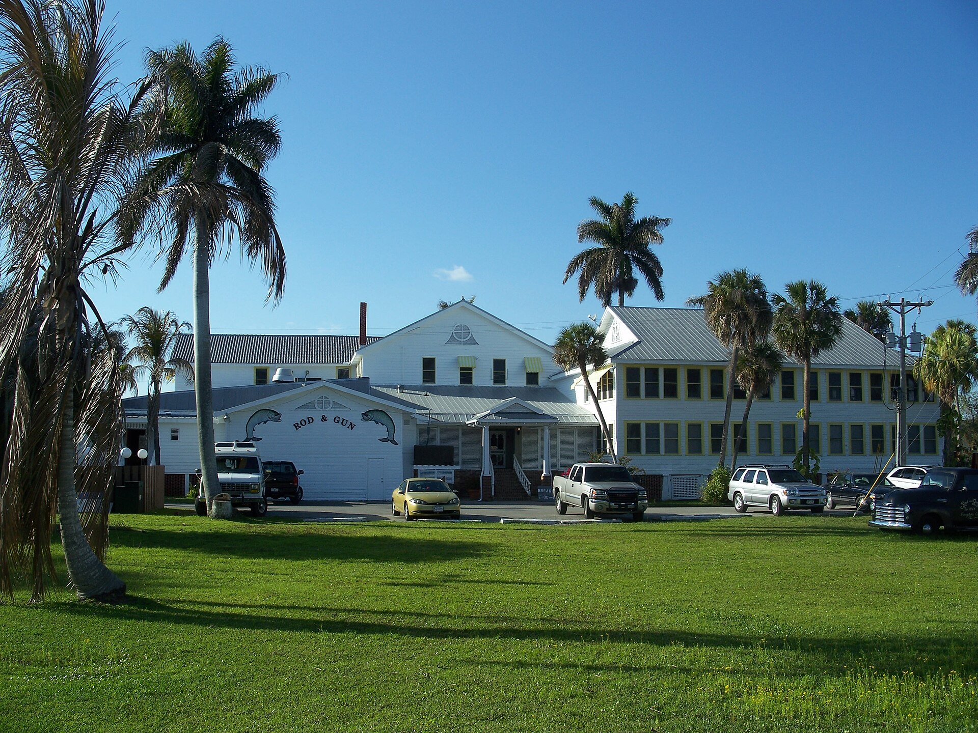 The historic Rod and Gun Club in Everglades City, Florida, among royal palms